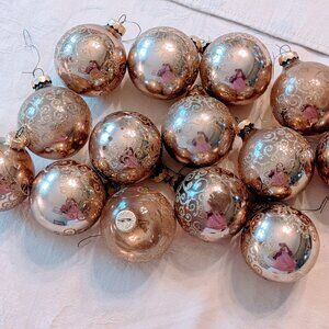 Lot of 14 VTG Medium Rauch Ornaments Champagne Gold Glitter Scroll R Crowns 60s
